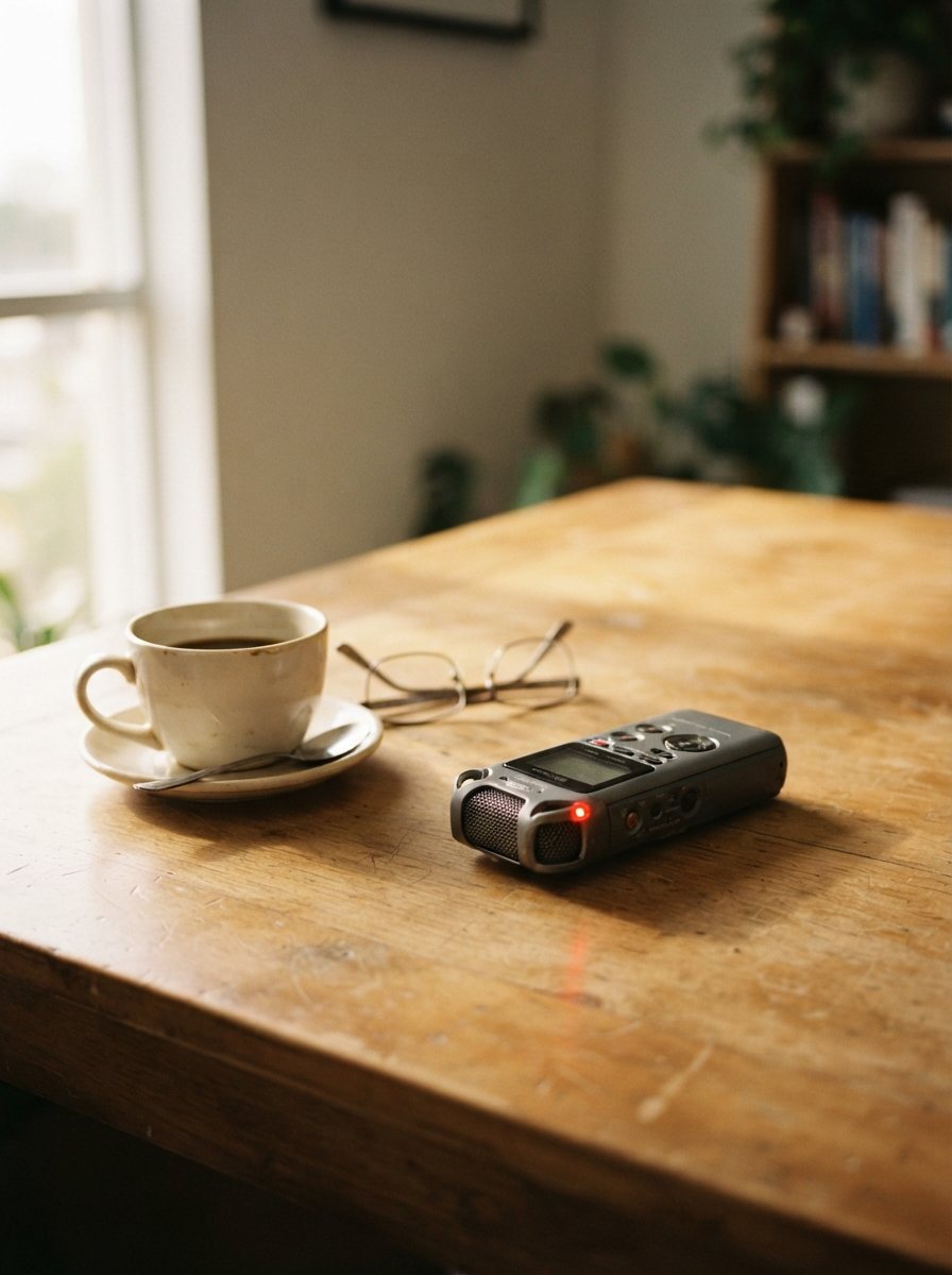A compact handheld audio recorder with its red record light, lying on a warm paper-coloured desk beside a half-drunk coffee