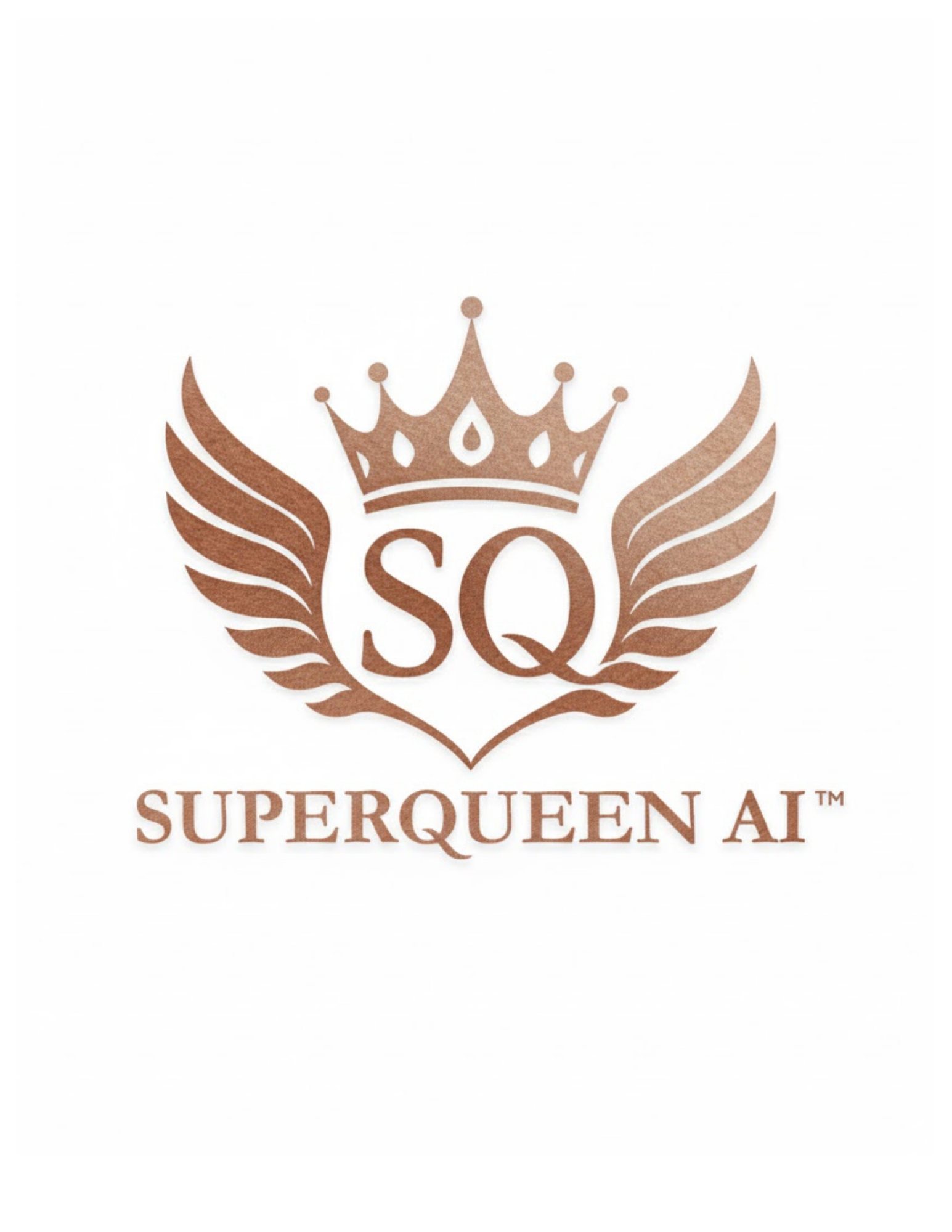 The supplied crowned SuperQueen AI crest — winged crest, SQ monogram — masked off its white canvas and placed at height